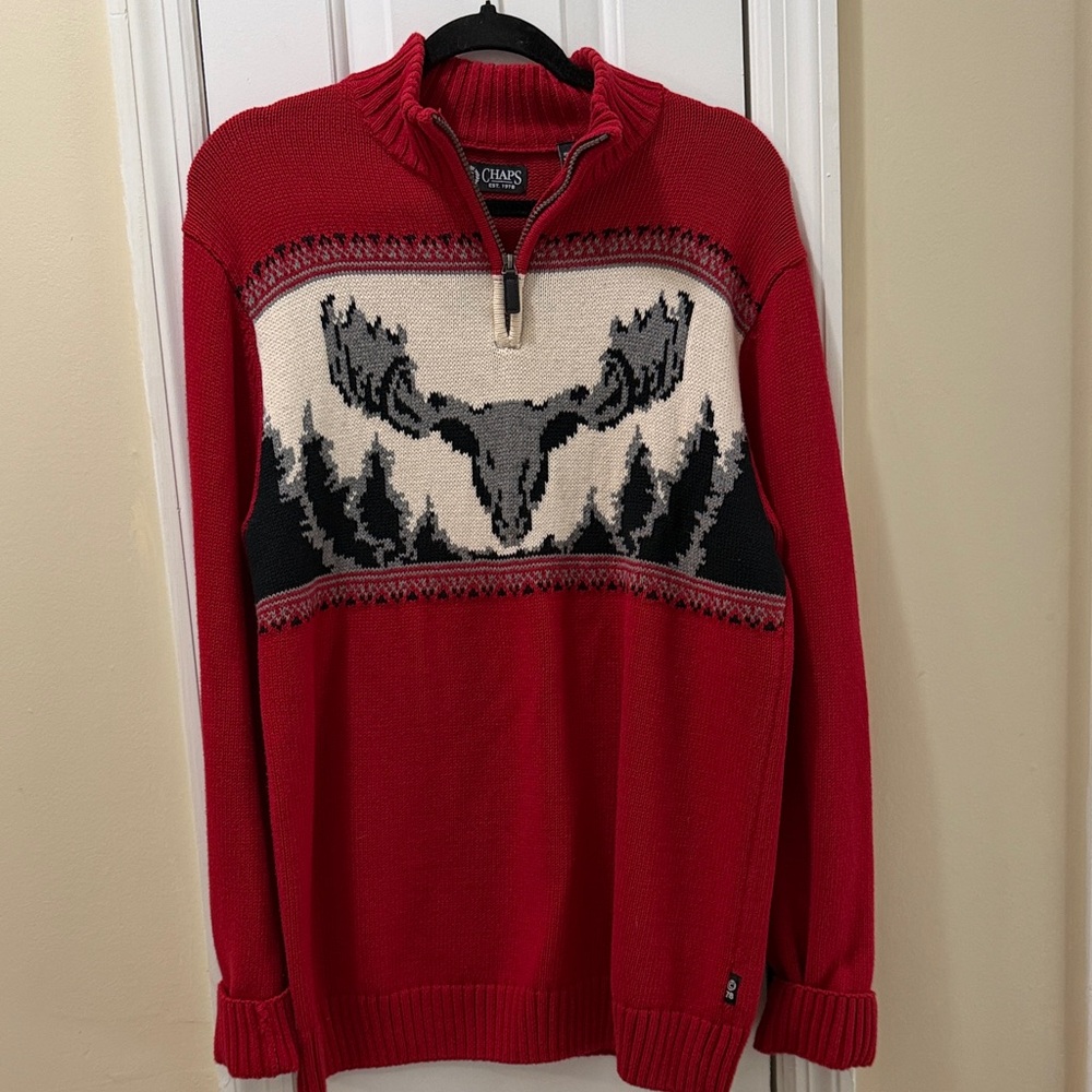 Vintage Chaps Red Quarter Zip Red Sweater with Moose Intarsia